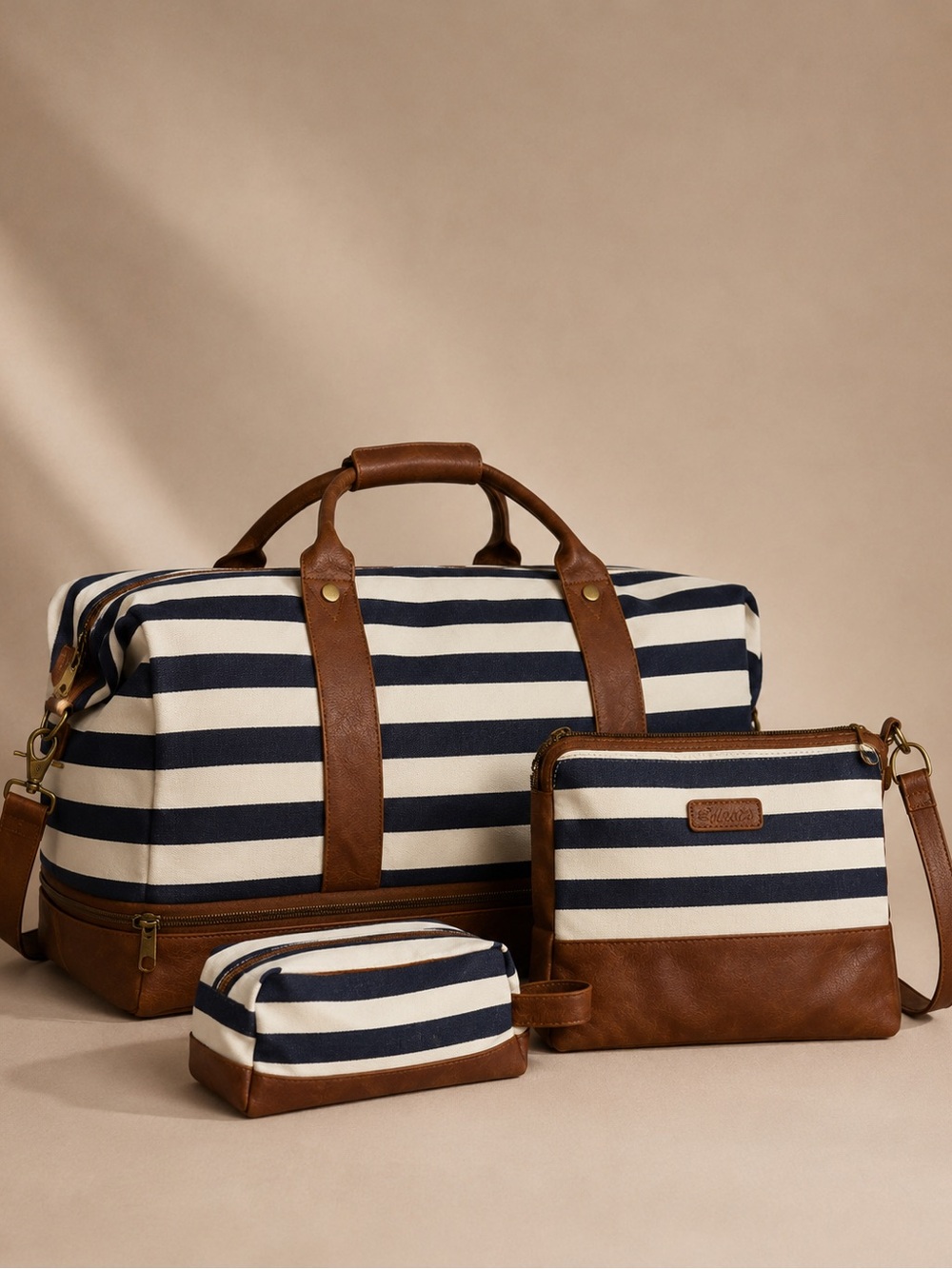 Bolosta 3-Piece Weekender Travel Bag Set Navy Stripe Canvas Vegan Leather